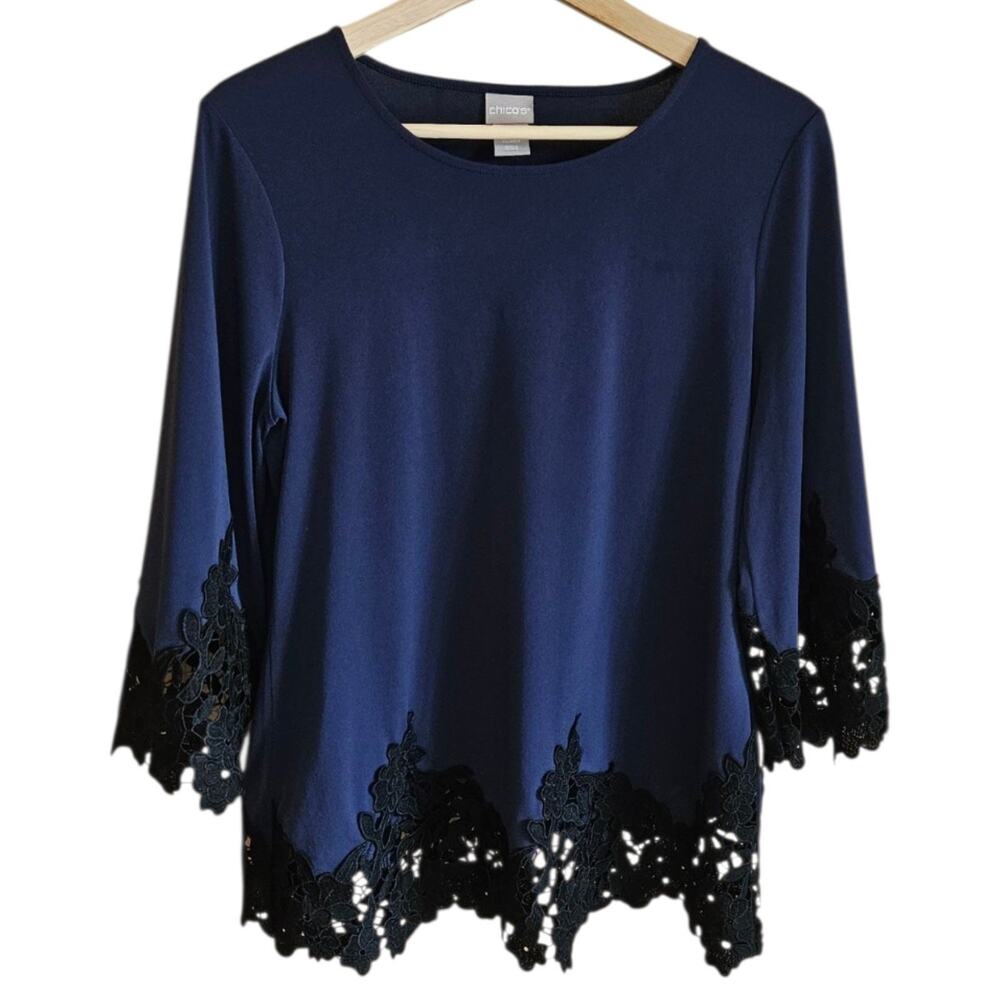 Chico's Top Womens Small Navy Lace Trim 3/4 Sleeve Scoop Neck Floral Hem